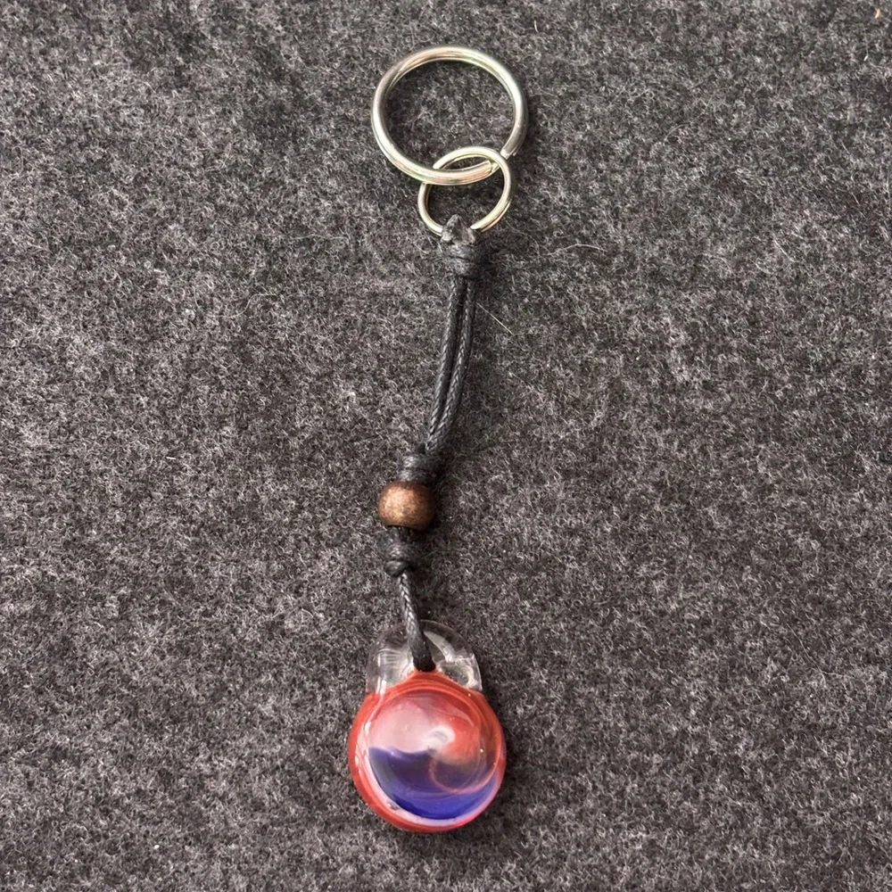Red, White and Blue Marble Swirl Glass Pendant on Black Cord Keychain